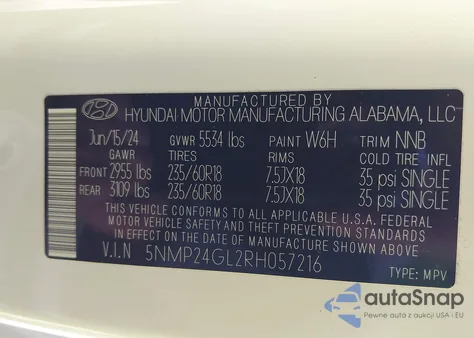 2024 Hyundai Santa Fe Sel z USA, uszkodzony, nr VIN 5NMP24GL2RH057216